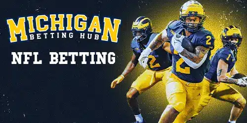 NFL betting desktop banner for Michigan betting hub showing three nfl players in uniform