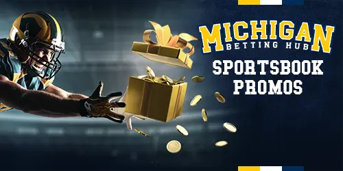 Michigan sportsbook promos banner on MichiganBettingHub with a basketball player, a football palyer, and baseball player, against a dark blue background