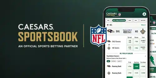 Caesars sportsbook mobile banner showing the NFL logo and two phones against a dark green background