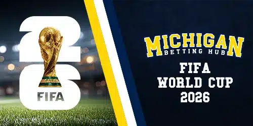world cup 2026 banner for michigan betting hub, showing the world cup trophy backdropped by a pitch level view of the grass of a stadium,